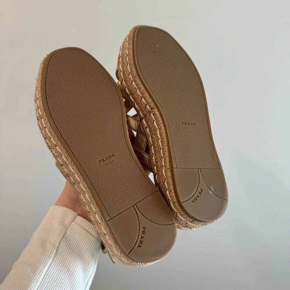 Prada Strappy Gold Leather Platform Espadrilles‎ Size 37.5